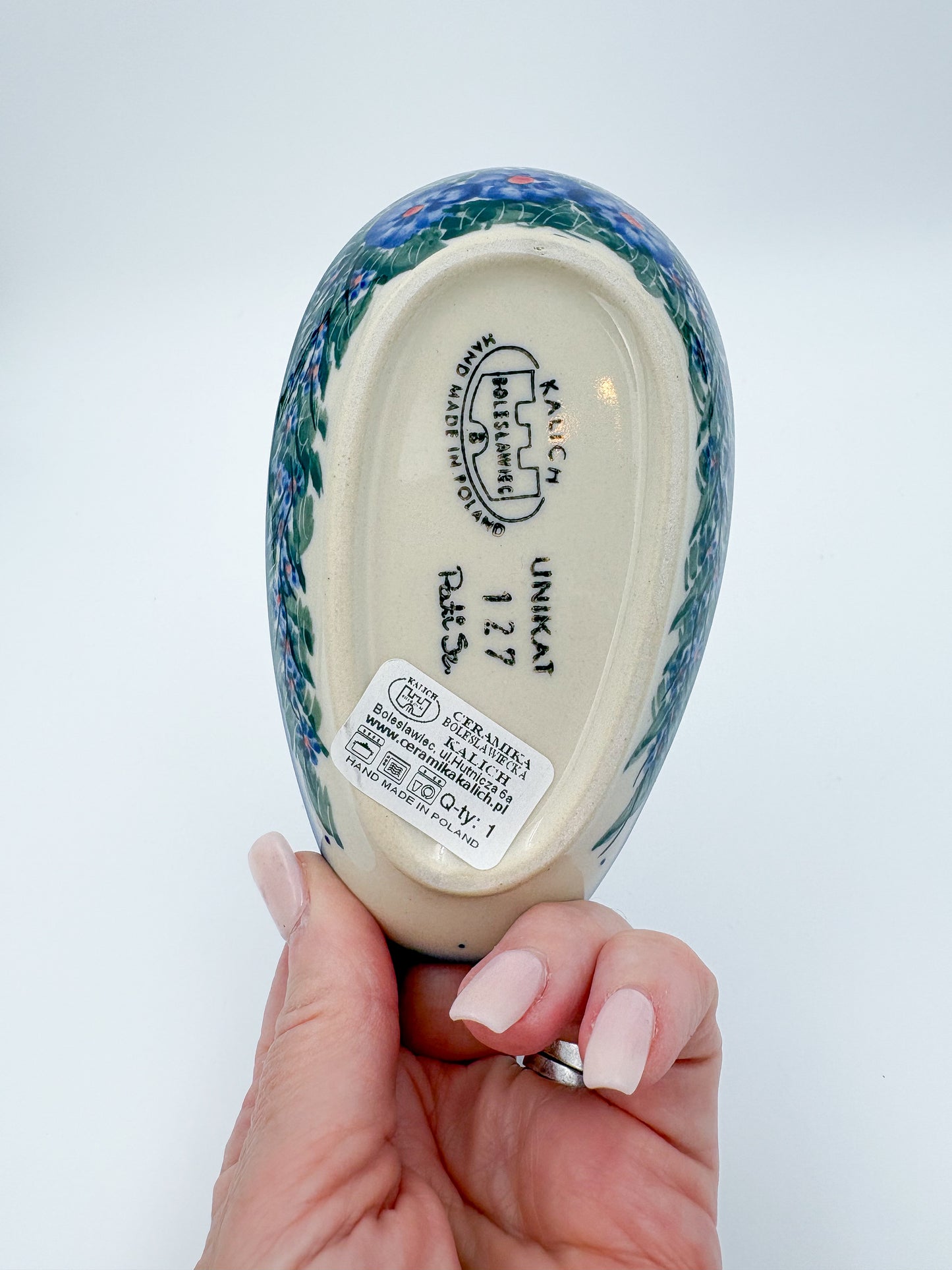 Spoon Rest 5”.  Handmade Polish pottery.  UNIKAT Forget Me Not Pansy Pattern