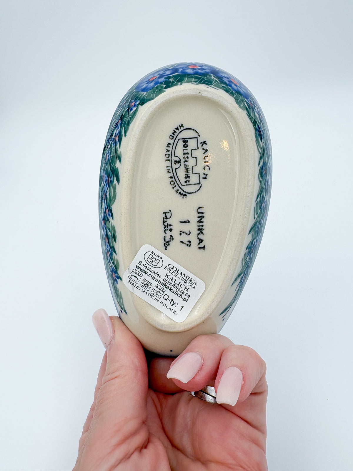 Spoon Rest 5”.  Handmade Polish pottery.  UNIKAT Forget Me Not Pansy Pattern