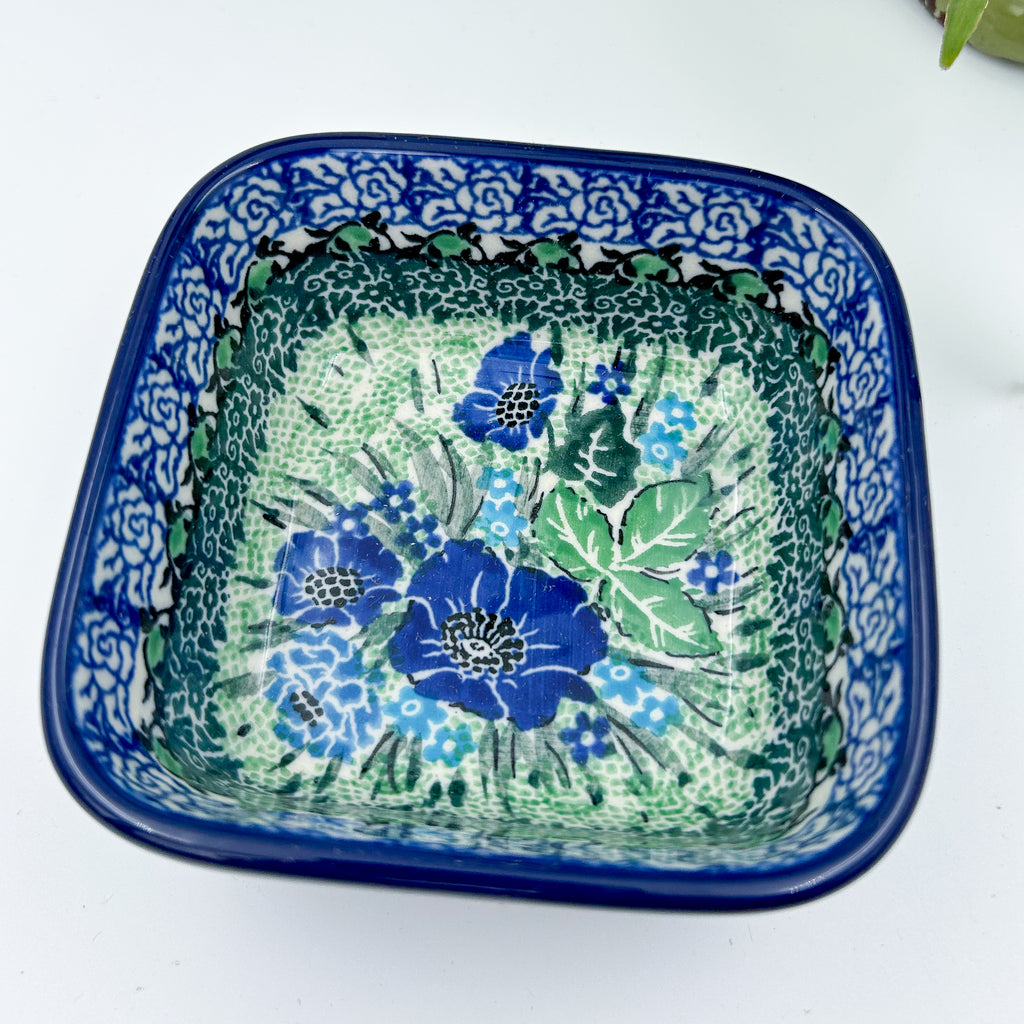 Polish pottery 4” square floral bowl in the UNIKAT Moody Blues Design. Ceramika Artystyczna Company