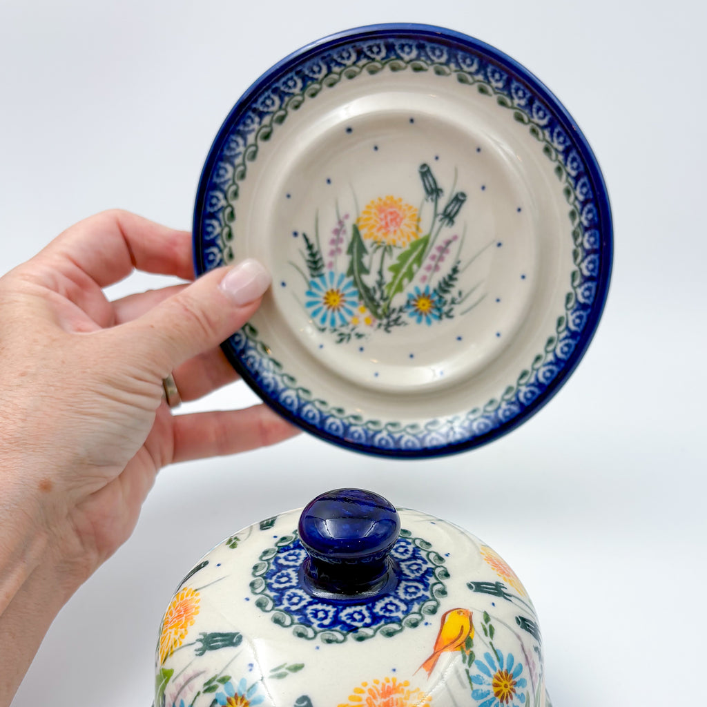 Round Butter/Cheese Covered Dish: UNIKAT Songbird Design