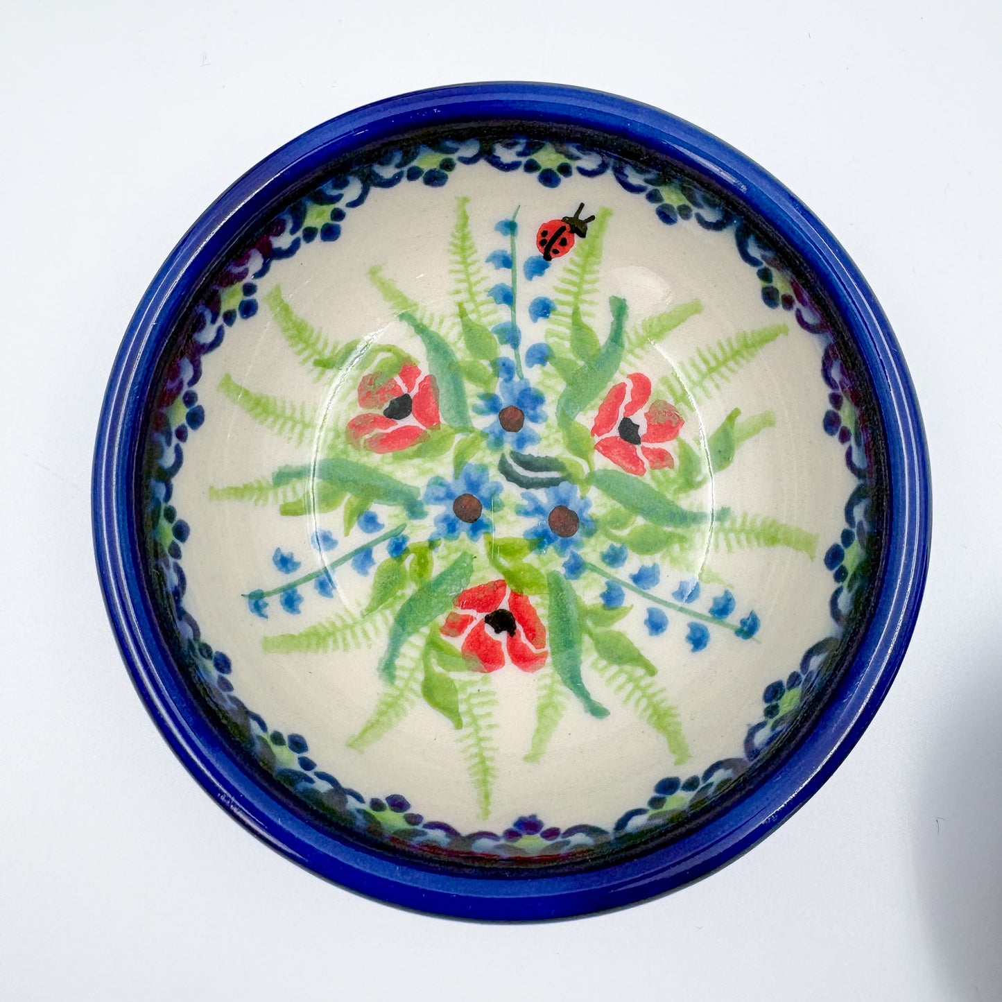 Small Set 3 stacking Bowls.  Hand crafted Polish pottery stoneware:  UNIKAT Ladybug Fields