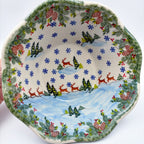 9” Wavy Bowl.  Hand crafted Polish pottery stoneware:  UNIKAT Reindeer Bliss