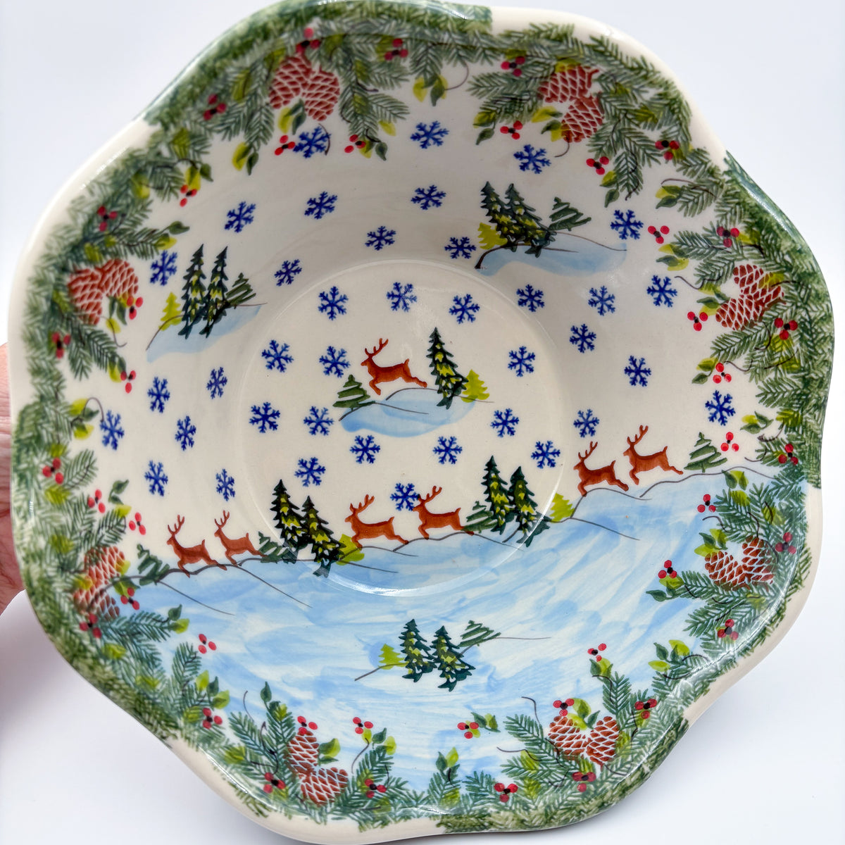 9” Wavy Bowl.  Hand crafted Polish pottery stoneware:  UNIKAT Reindeer Bliss