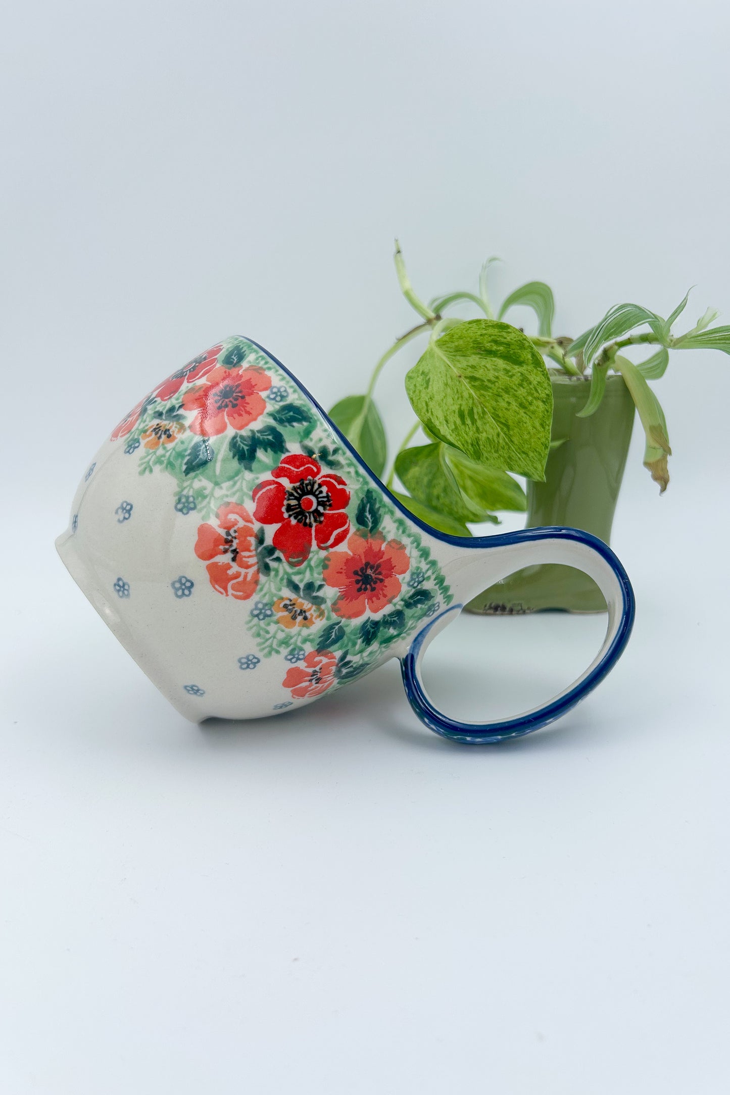 16 oz Bowl with Loop-Handle.  Hand crafted Polish pottery stoneware: UNIKAT Candy Red Poppy