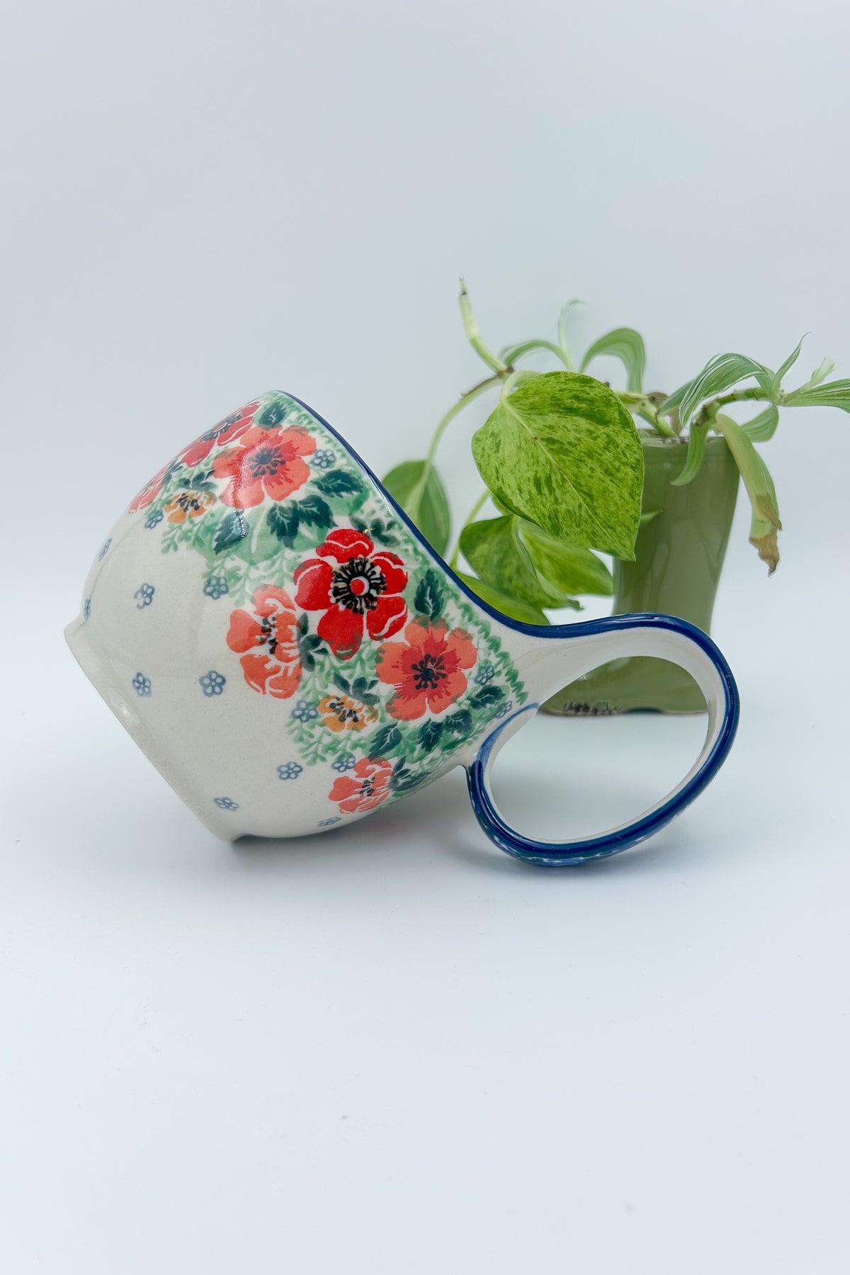 16 oz Bowl with Loop-Handle.  Hand crafted Polish pottery stoneware: UNIKAT Candy Red Poppy