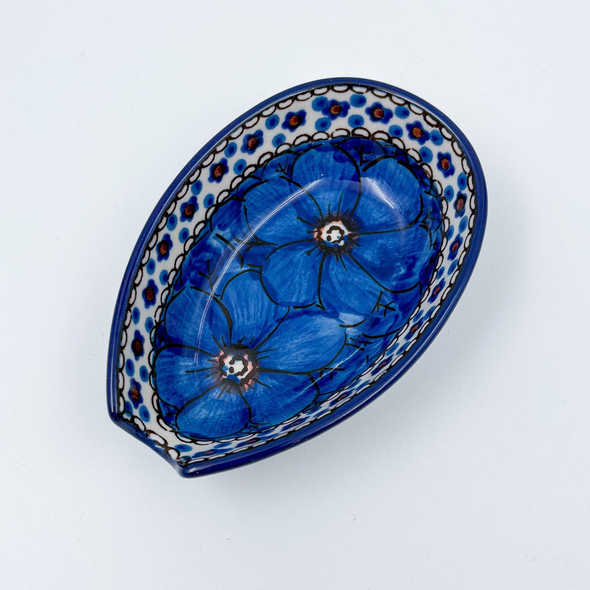Spoon Rest 5”. Handmade Polish pottery.  UNIKAT Cobalt Poppies Design