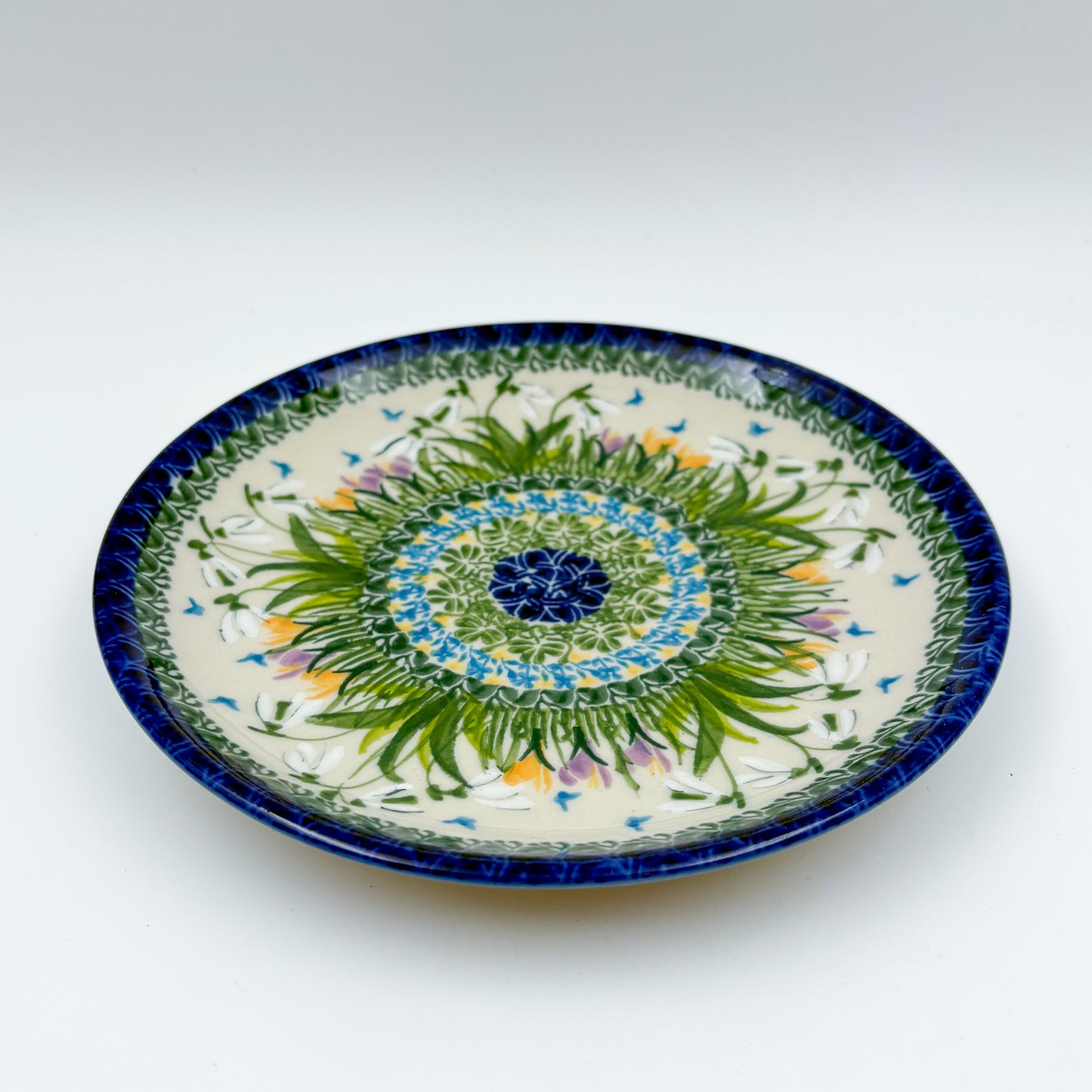 7.5” Plate.  Hand crafted Polish pottery stoneware: UNIKAT Snowdrop Garden