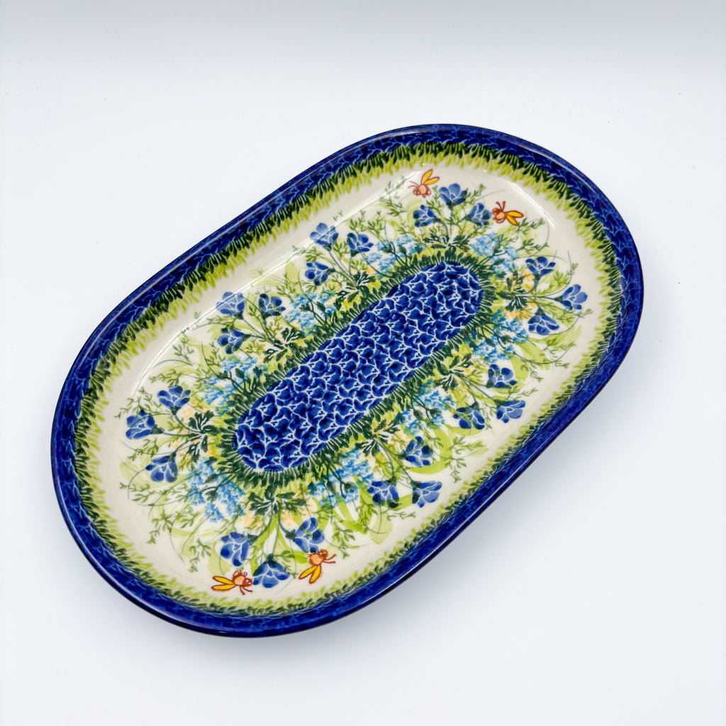 UNIKAT Bluebell Meadow oval platter, angled top-down view of full platter