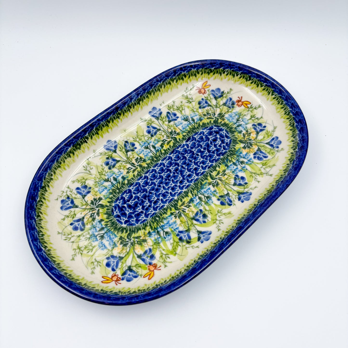 10” Oval Platter.  Hand crafted Polish pottery stoneware: UNIKAT Bluebell Meadow