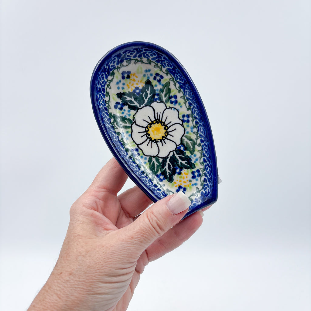 Spoon Rest 5”. Handmade Polish pottery.  UNIKAT Floral Fantasy