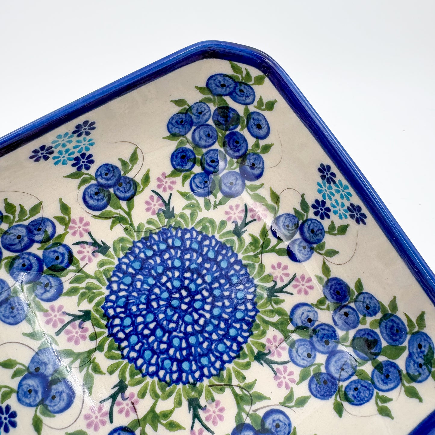 6” Square Bowl.  Hand crafted Polish pottery stoneware:   Unikat Blueberries