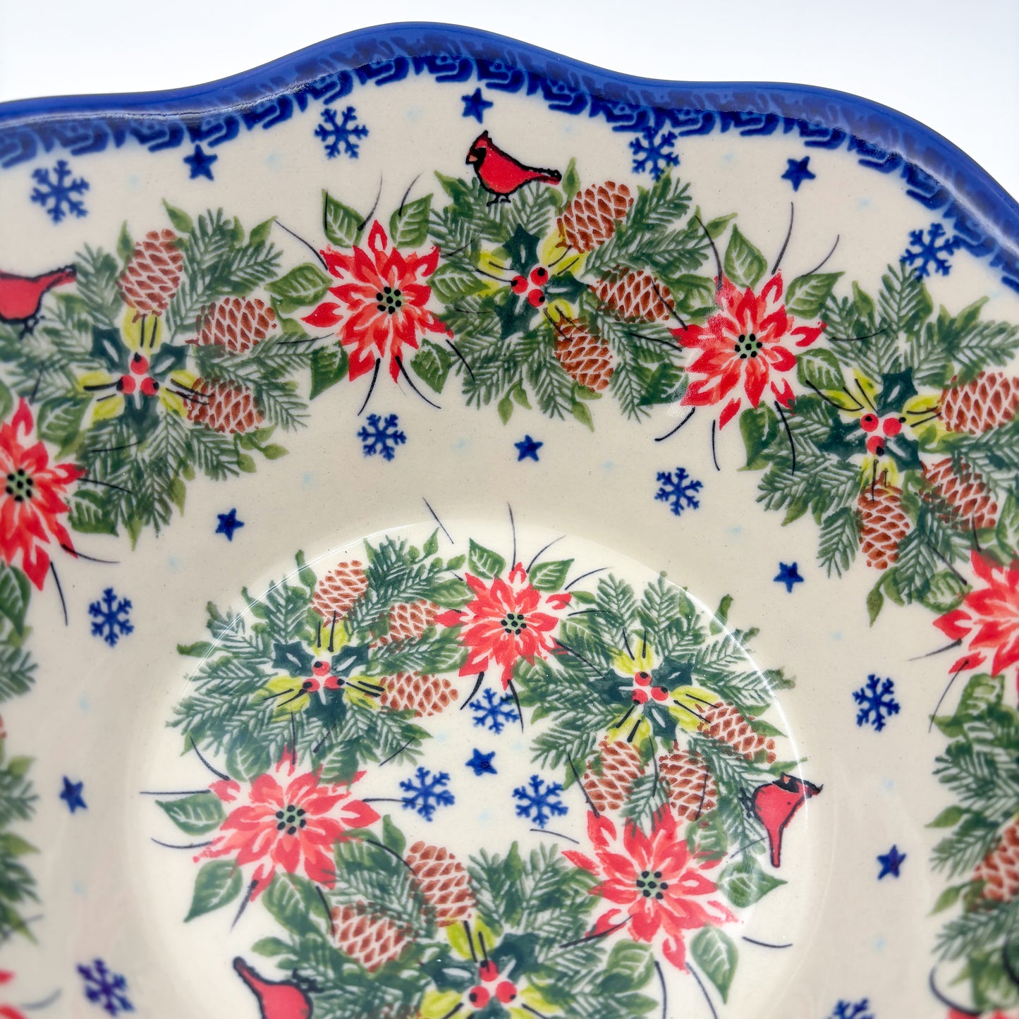 9” Wavy Bowl.  Hand crafted Polish pottery stoneware:  Christmas Cardinals