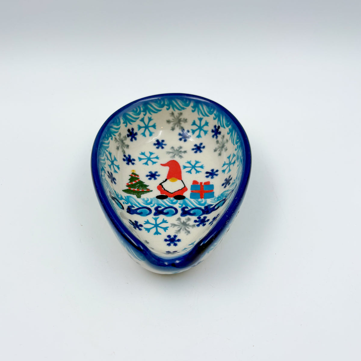 Spoon Rest 5”.  Handmade Polish pottery.  UNIKAT Winter Gnome Design