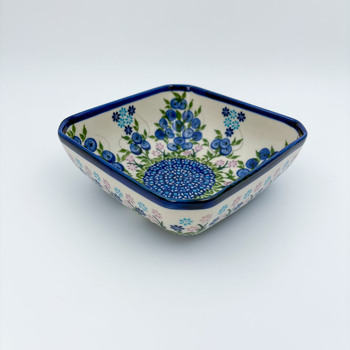 6” Square Bowl.  Hand crafted Polish pottery stoneware:   Unikat Blueberries