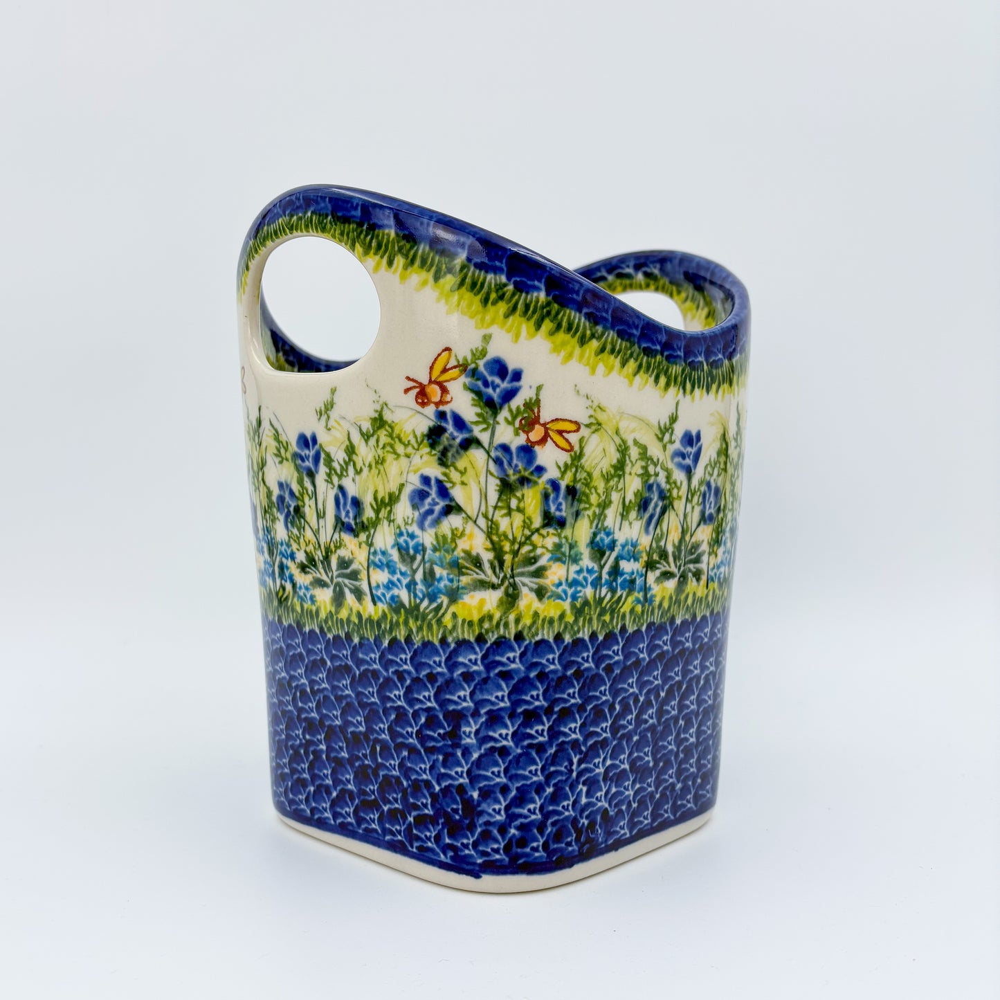 Basket Container & Utensil Med.  Handmade Polish pottery.  UNIKAT Bluebell Meadow Design