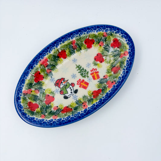 7" Oval Milano Platter  Hand crafted Polish pottery stoneware: UNIKAT Berry Snowman Design