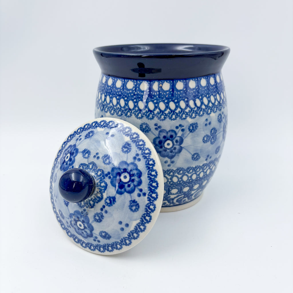 6" Lidded Jar.  Handmade Polish pottery.  UNIKAT Blue Poppy Design