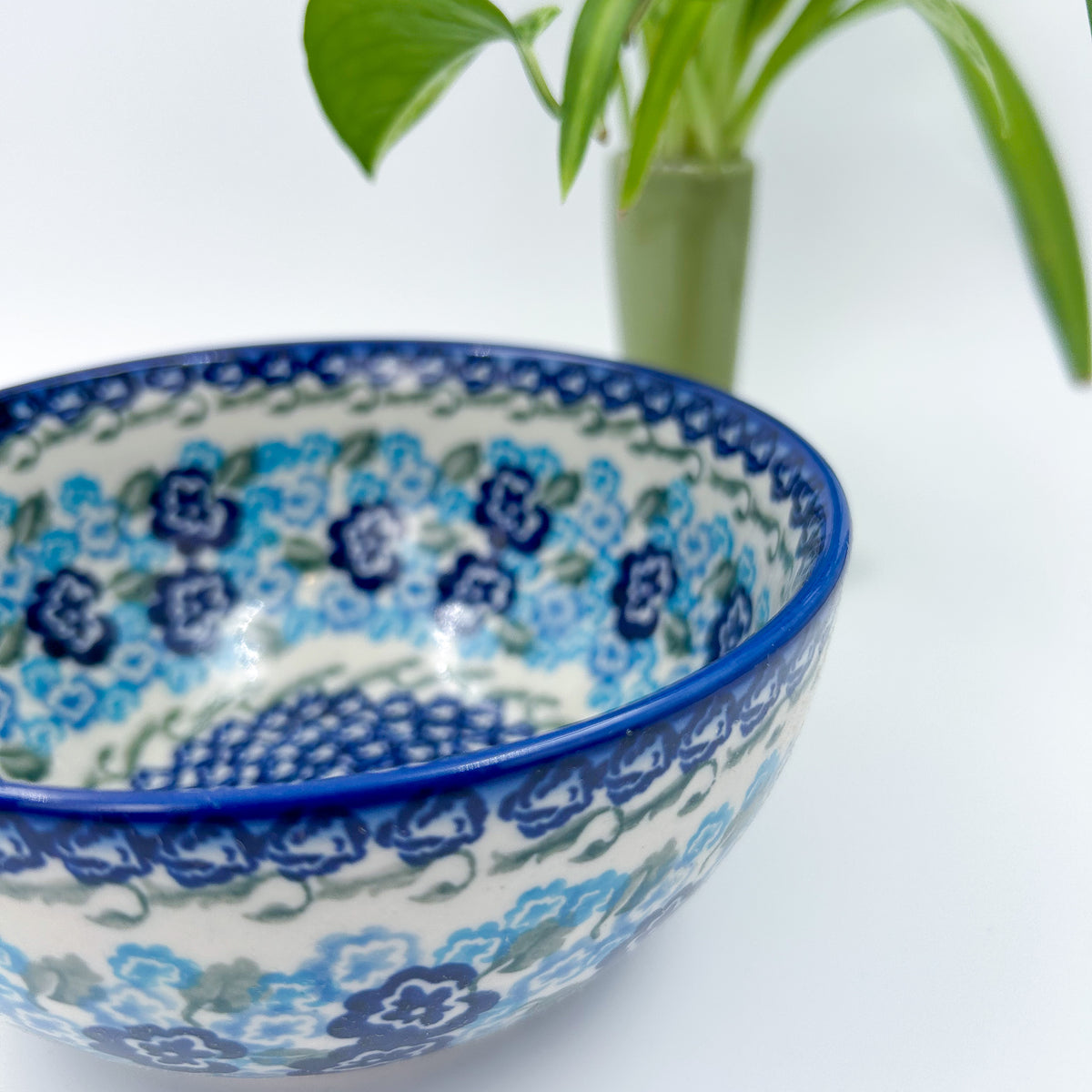 6” Deep Bowl.  Hand crafted Polish pottery stoneware: UNIKAT Blue KISS Blooms Design