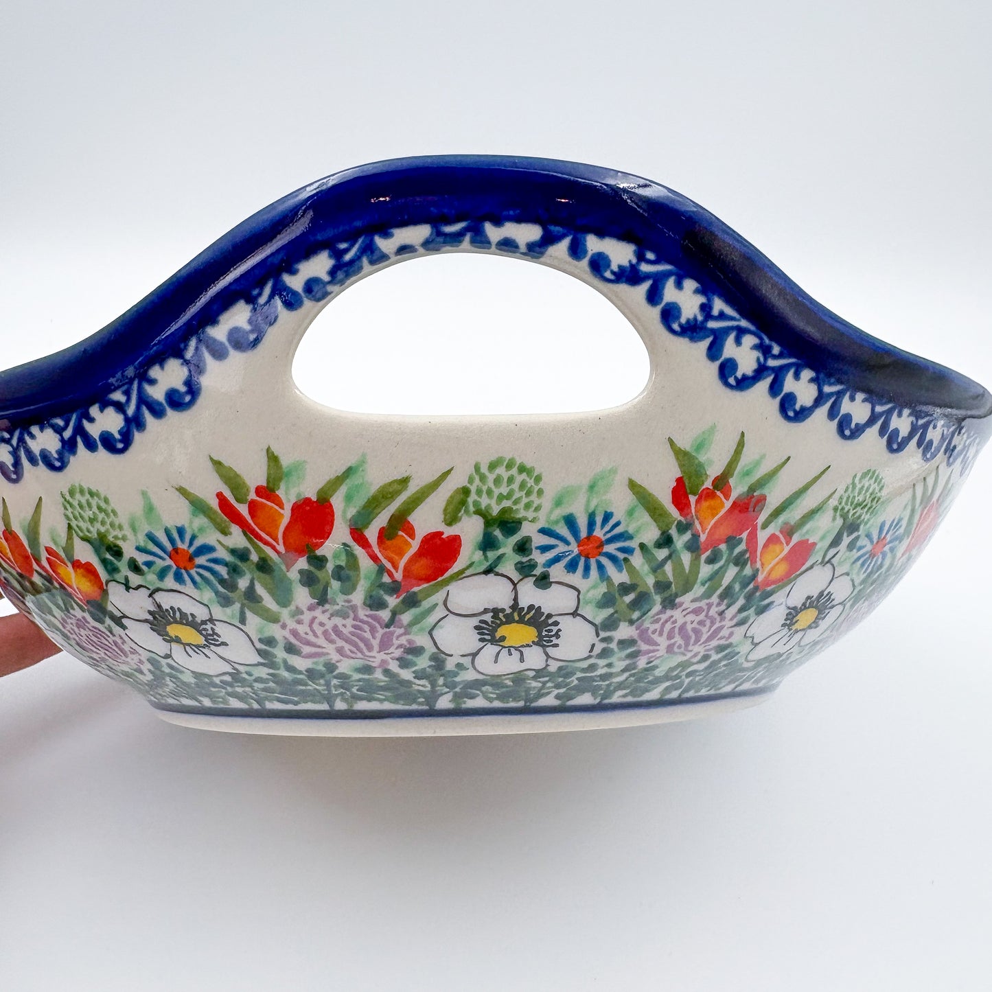 10" Bowl with Handles.  Hand crafted Polish pottery stoneware:  UNIKAT Cottage Garden