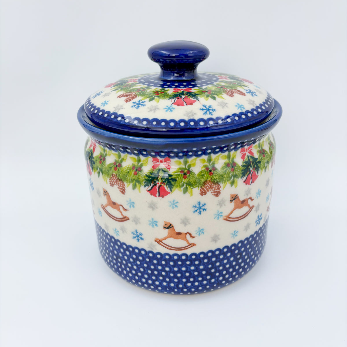 7" Antek Jar.  Handmade Polish pottery.  UNIKAT Horse and Bells Design