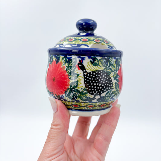 5oz. Sugar Bowl.  UNIKAT Chickens in the Florals Design