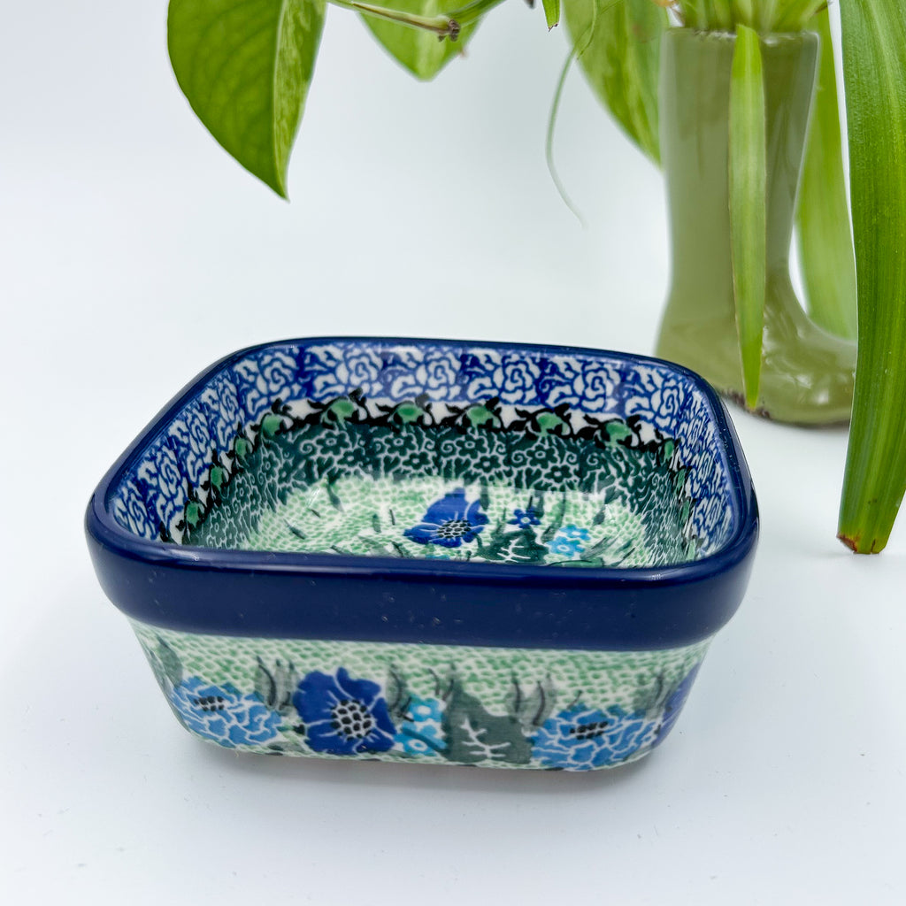 Polish pottery 4” square floral bowl in the UNIKAT Moody Blues Design. Ceramika Artystyczna Company