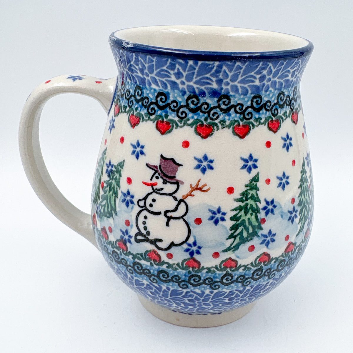 17 oz Mug. Handcrafted Polish pottery stoneware:  UNIKAT Dancing Snowman Design