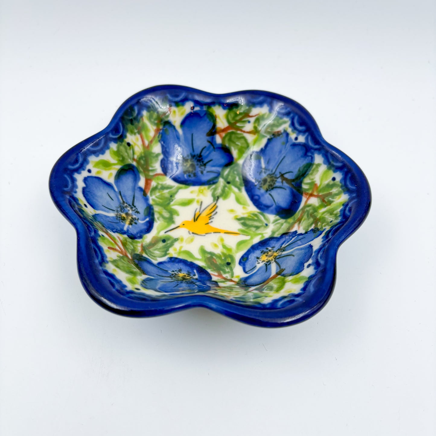 5” Bowl Flower.  Hand crafted Polish pottery stoneware:  UNIKAT Blue Poppy Songbird pattern