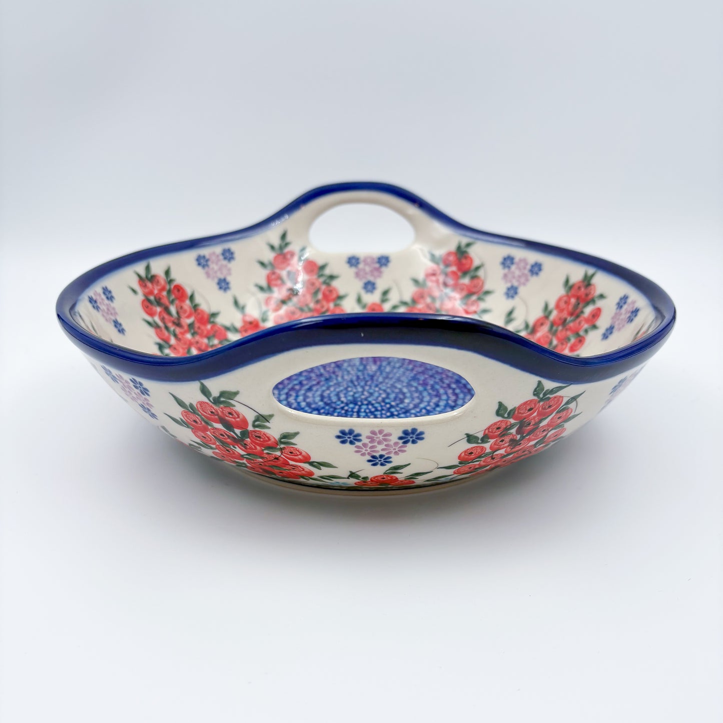 10" Bowl with Handles.  Hand crafted Polish pottery stoneware:  UNIKAT Red Berry Pattern