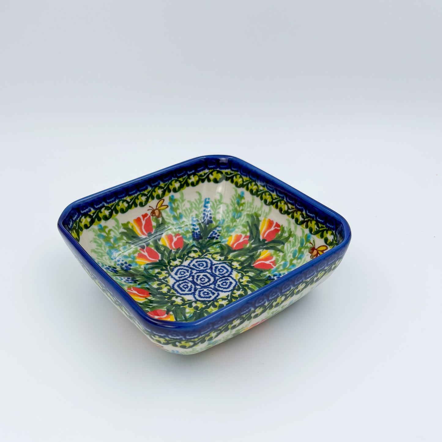 6” Square Bowl.  Hand crafted Polish pottery stoneware:   Unikat Tulips and Bees