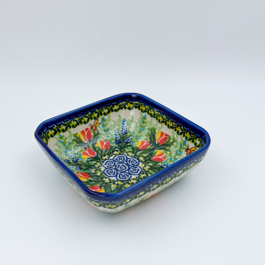 6” Square Bowl.  Hand crafted Polish pottery stoneware:   Unikat Tulips and Bees