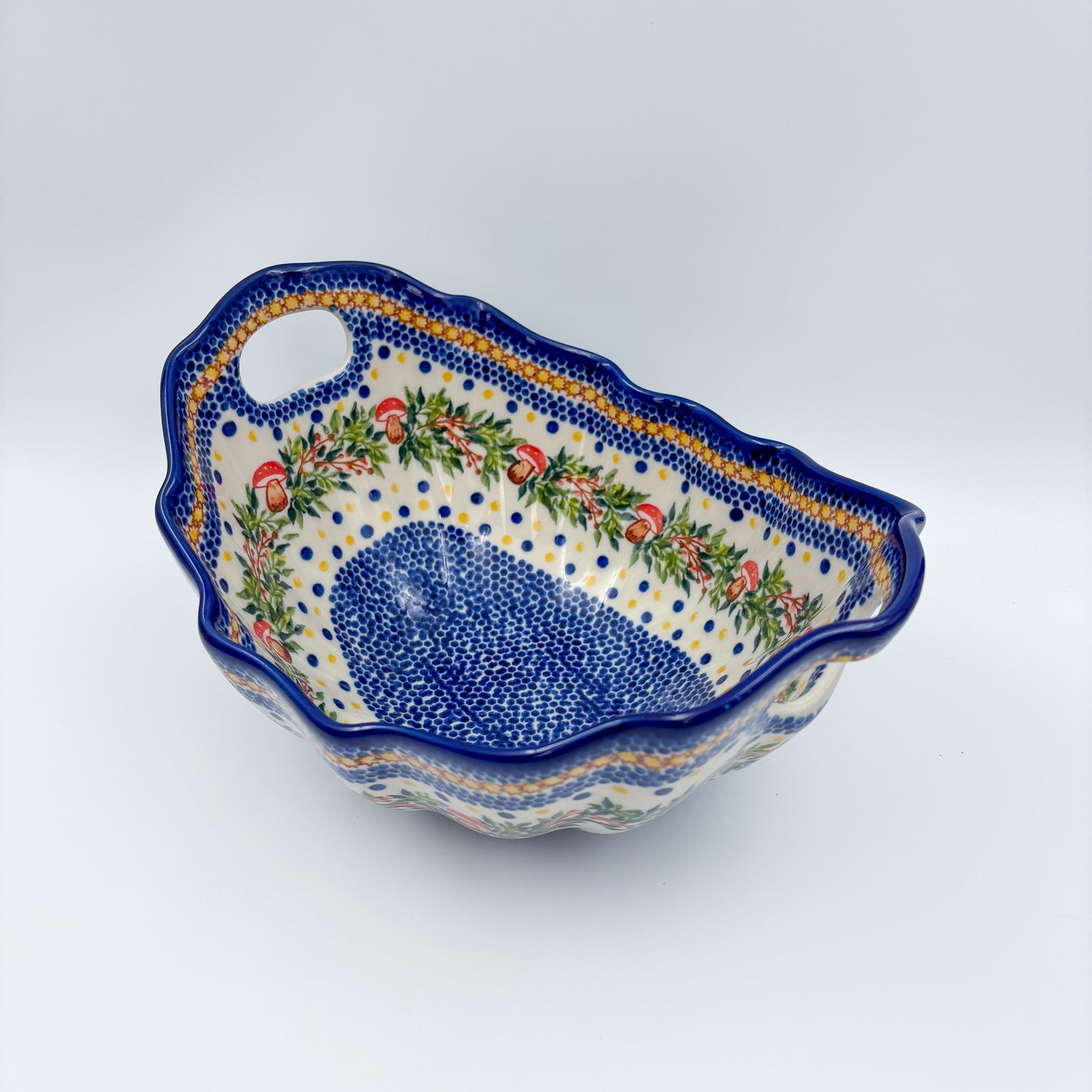 10" Lodka Bowl with Handles.  Hand crafted Polish pottery stoneware:  UNIKAT Mushroom Pattern