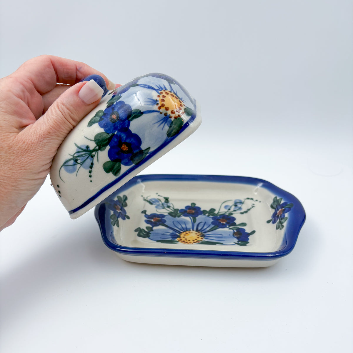 7" Butter Dish.  Handmade in Poland. UNIKAT Poppies in Blue