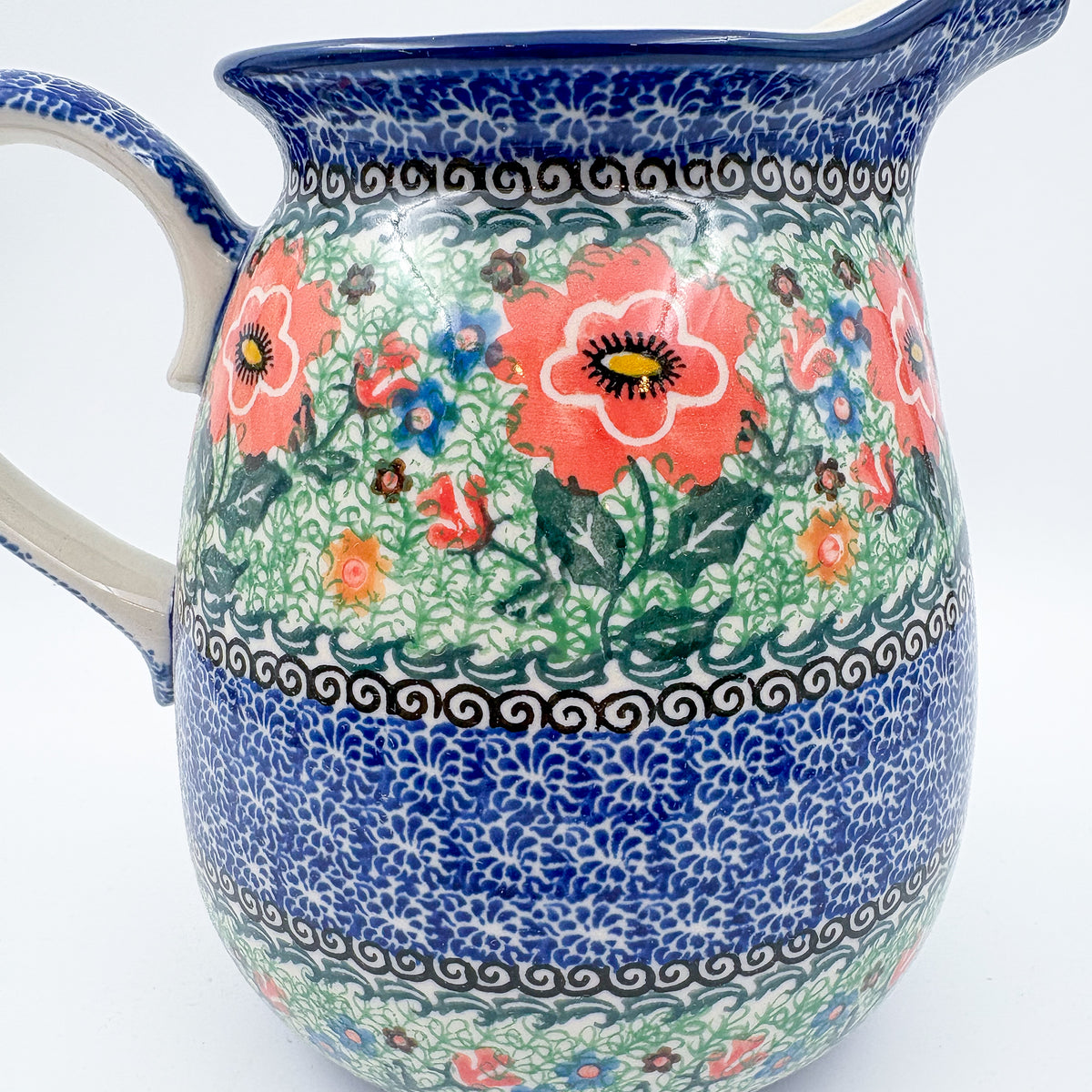 67 oz. Pitcher.  Hand painted Polish pottery stoneware.  UNIKAT Red Poppies