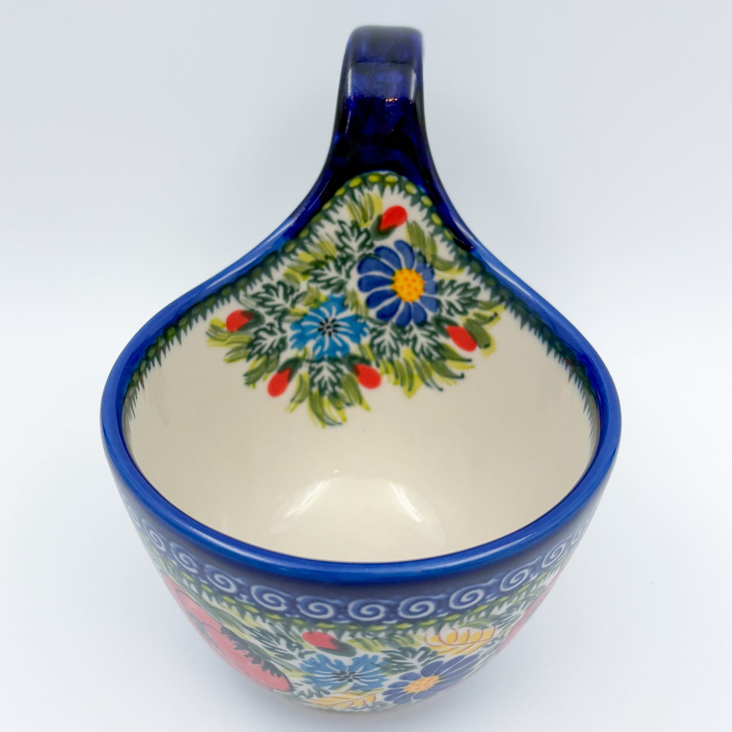 12 oz Bowl/Mug with Loop-Handle.  Hand crafted Polish pottery stoneware: UNIKAT Garden Poppy
