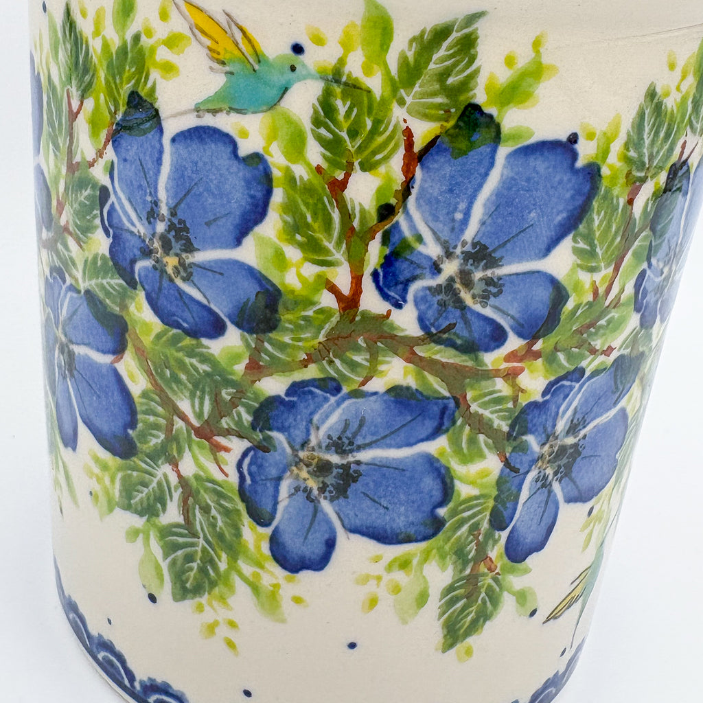 Utensil Jar 5.5”.  Handmade Polish pottery.  UNIKAT Blue Poppy Songbird