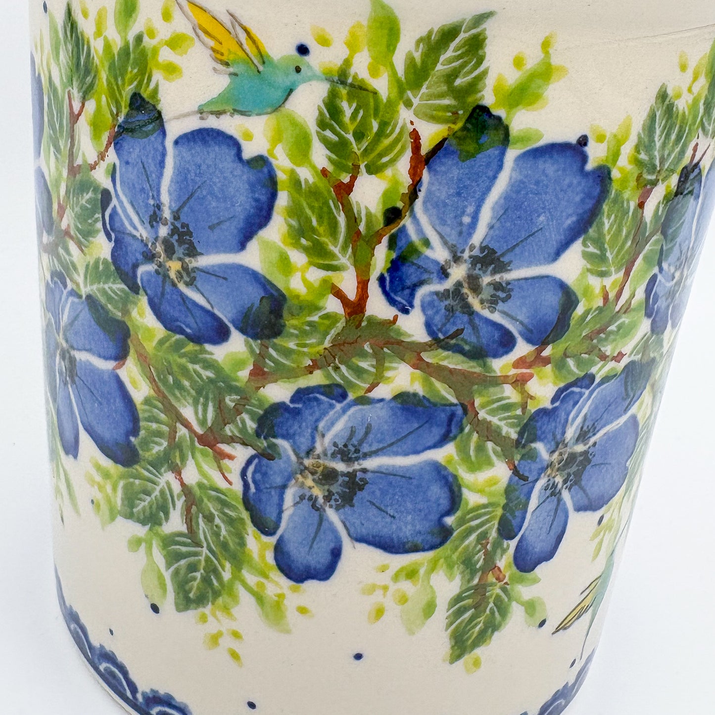 Utensil Jar 5.5”.  Handmade Polish pottery.  UNIKAT Blue Poppy Songbird