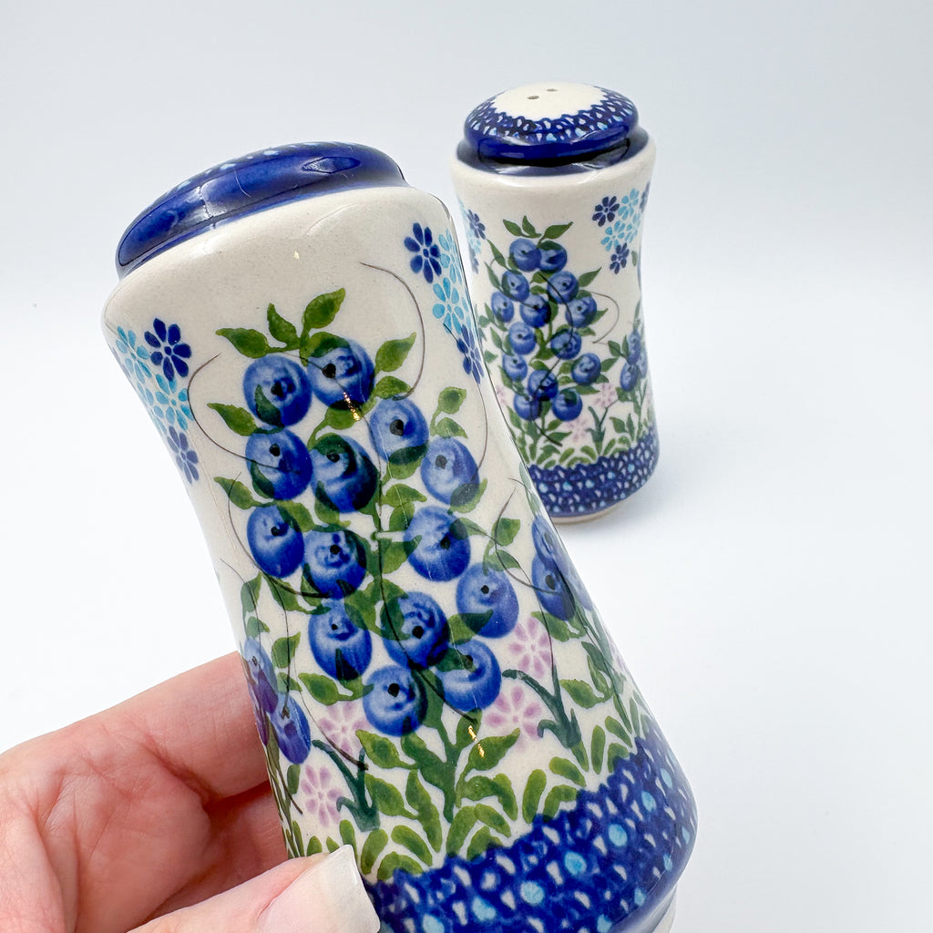 5” Salt and Pepper Shakers.  Handmade Polish pottery.  UNIKAT Blueberry Bliss Design