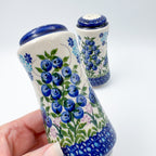 5” Salt and Pepper Shakers.  Handmade Polish pottery.  UNIKAT Blueberry Bliss Design