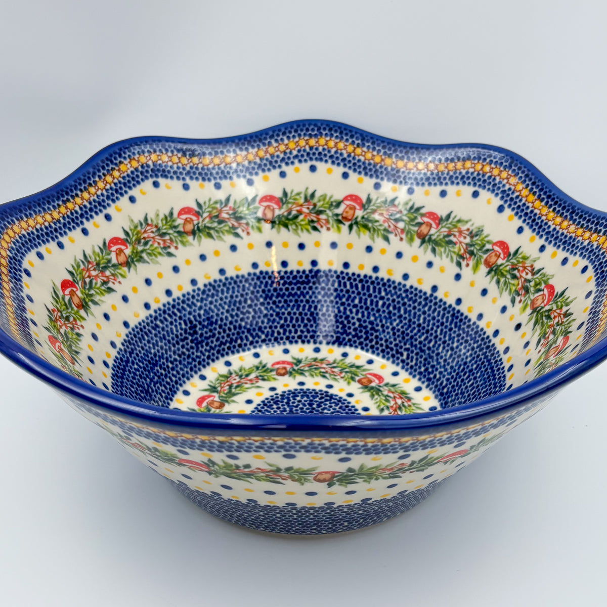 13” Wavy Bowl XL.  Hand crafted Polish pottery stoneware:  UNIKAT Holiday Mushroom Design