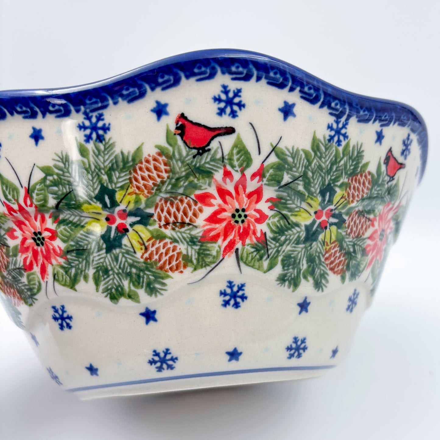 9” Wavy Bowl.  Hand crafted Polish pottery stoneware:  Christmas Cardinals
