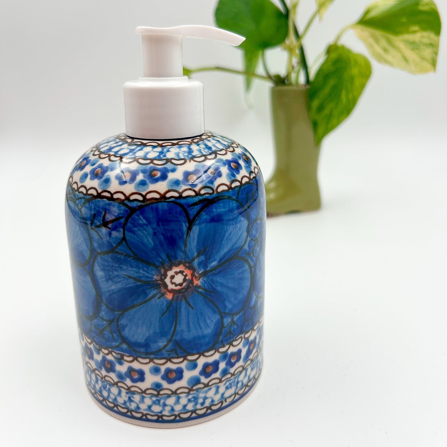 Soap Dispenser 5”.  Handmade Polish pottery.  UNIKAT Cobalt Poppies Design