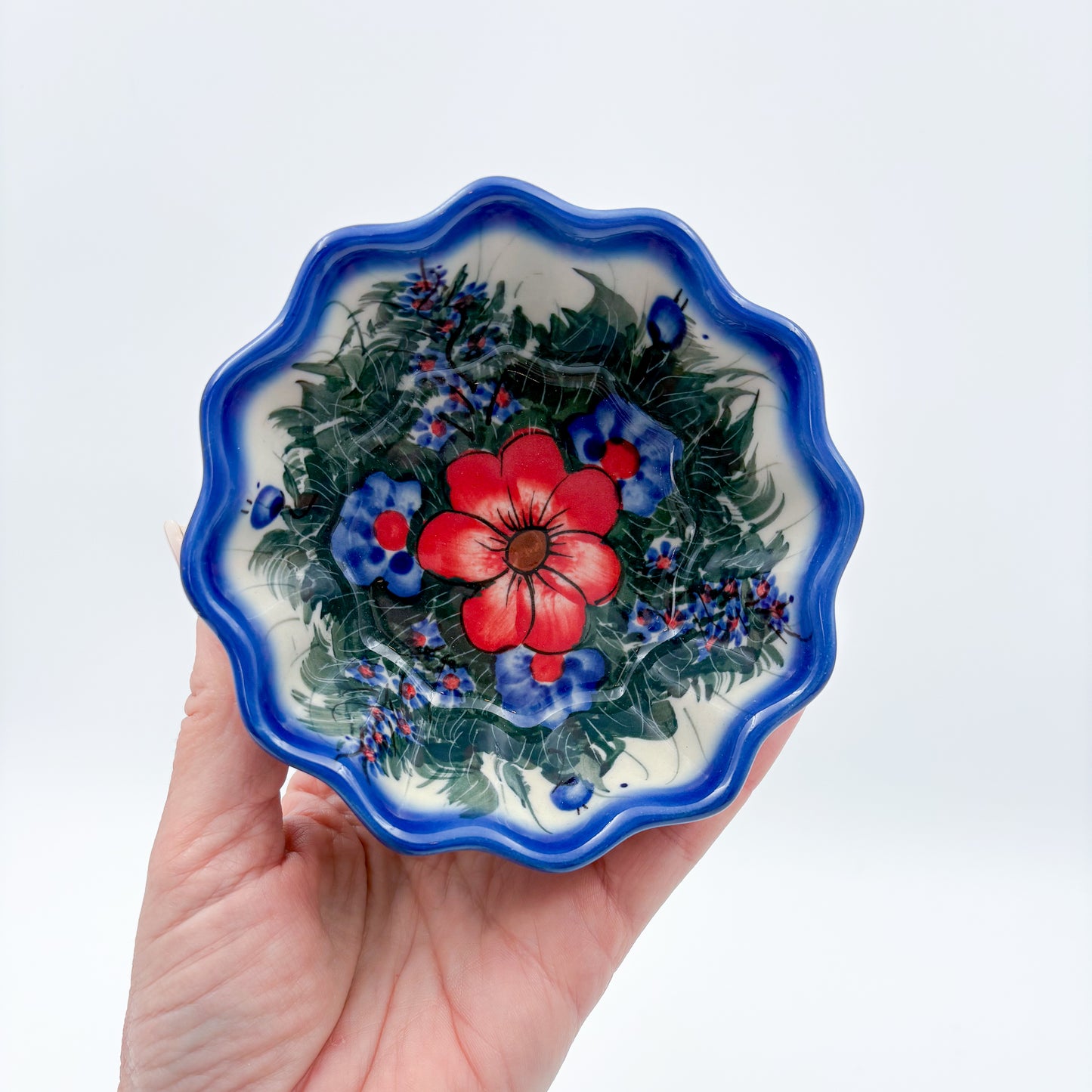 4” Small Babka Bowl.  Hand crafted Polish pottery stoneware:  UNIKAT Forget Me Not Pansy