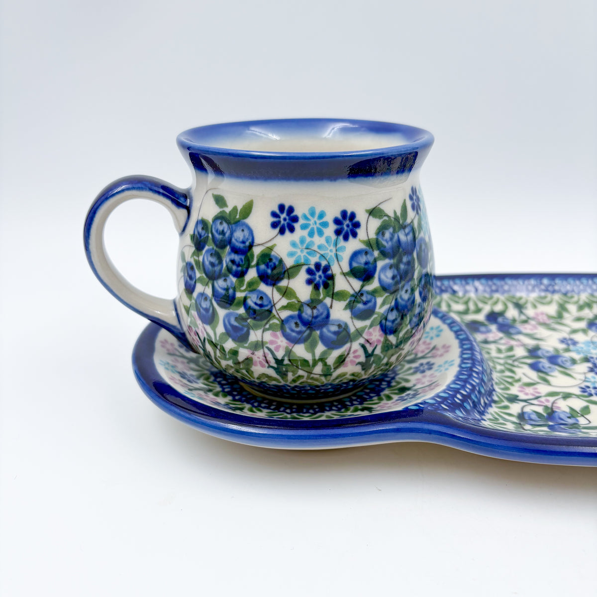 SET Bubble Mug 8 oz with Sandwich Plate . Handcrafted in Poland UNIKAT Blueberry