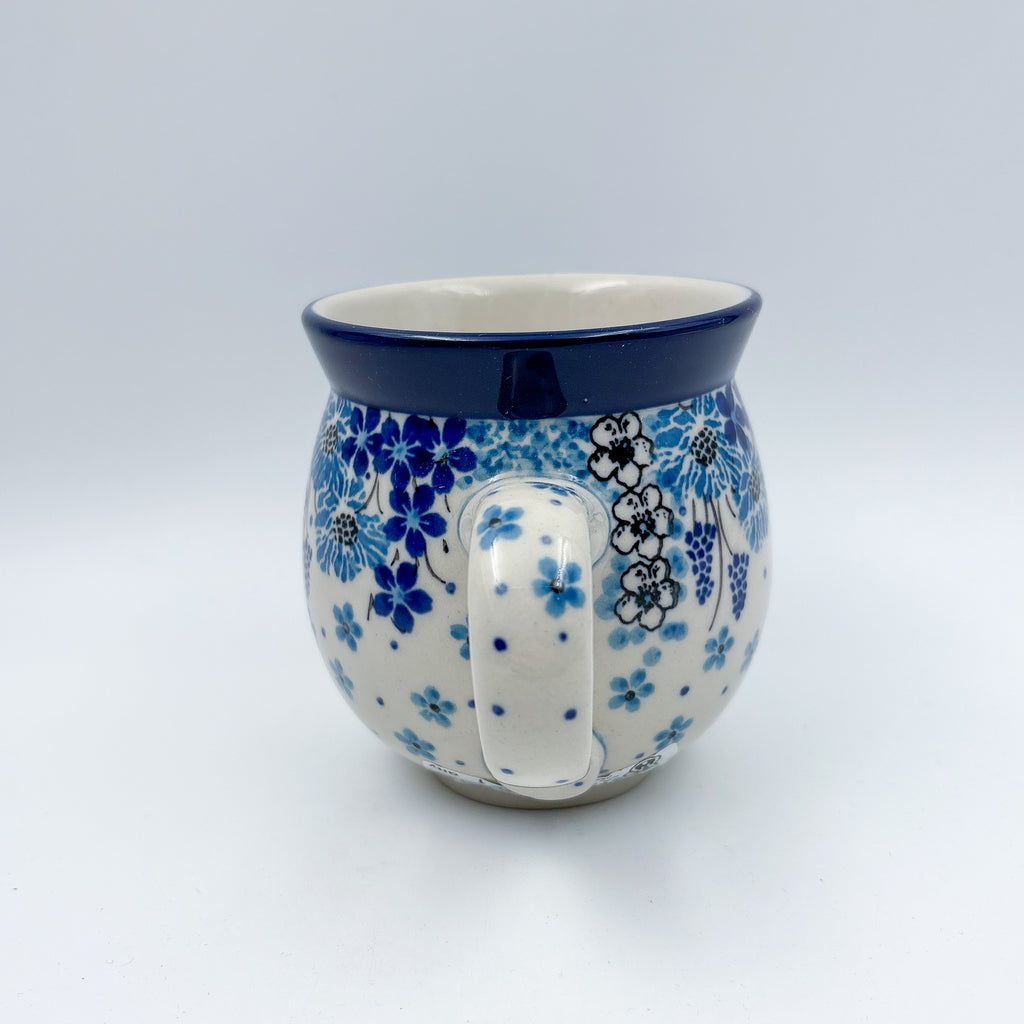 Morning Glory bubble mug on white background, angled view with handle