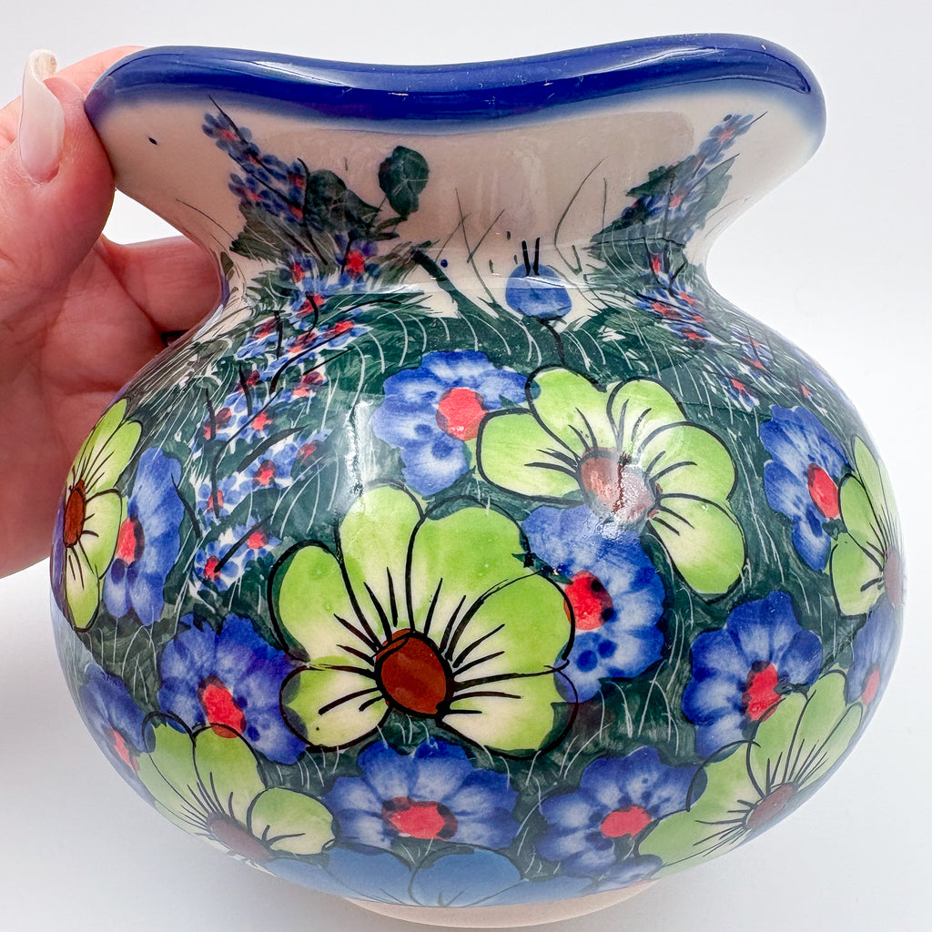Kula Vase 5.5”.  Handmade Polish pottery.  UNIKAT Forget Me Not Pansy