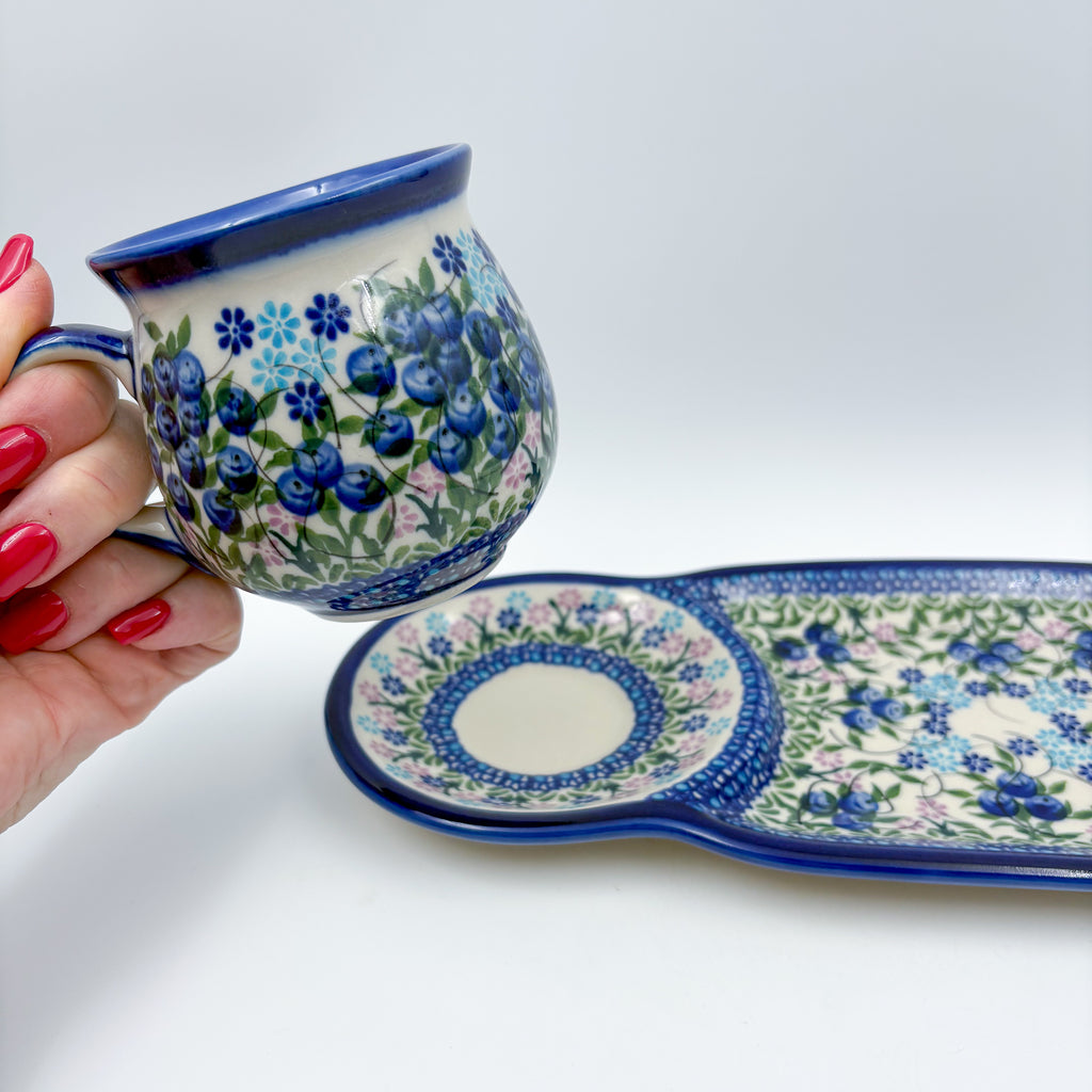 SET Bubble Mug 8 oz with Sandwich Plate . Handcrafted in Poland UNIKAT Blueberry
