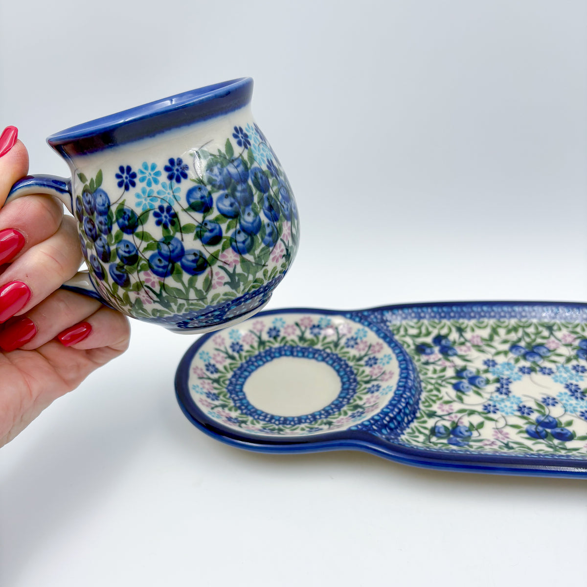 SET Bubble Mug 8 oz with Sandwich Plate . Handcrafted in Poland UNIKAT Blueberry