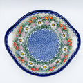Cottage Garden handled bowl, top-down view showing floral wreath and blue center