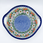 Cottage Garden handled bowl, top-down view showing floral wreath and blue center